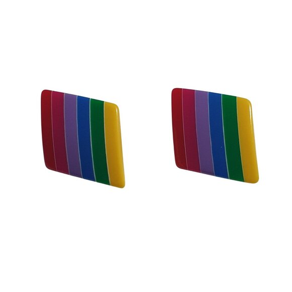Vintage Rainbow Striped Diamond Clip On Earrings Acrylic  Jewelry Retro 1980s - Picture 1 of 4